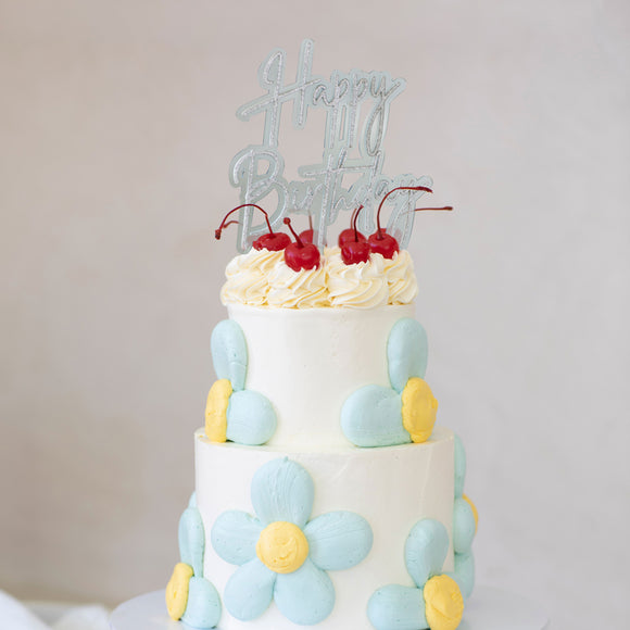 Silver & Light Blue layered acrylic Cake Topper - HAPPY BIRTHDAY