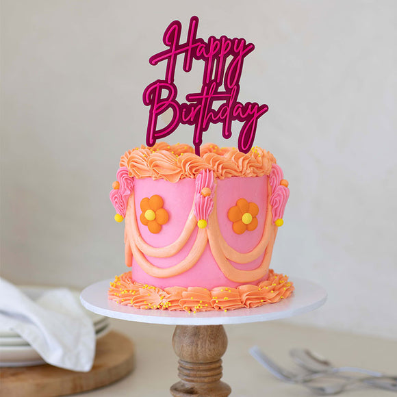 Hot Pink / Hot Pink layered acrylic Cake Topper - HAPPY BIRTHDAY