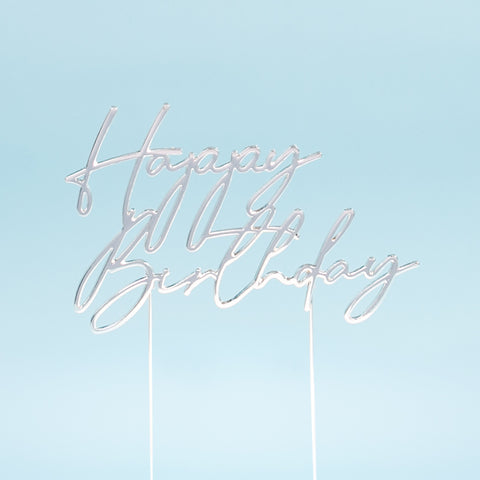 SILVER Metal Cake Topper - HAPPY BIRTHDAY script