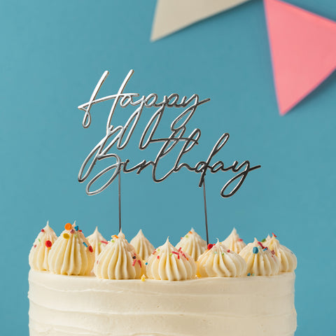 SILVER Metal Cake Topper - HAPPY BIRTHDAY script