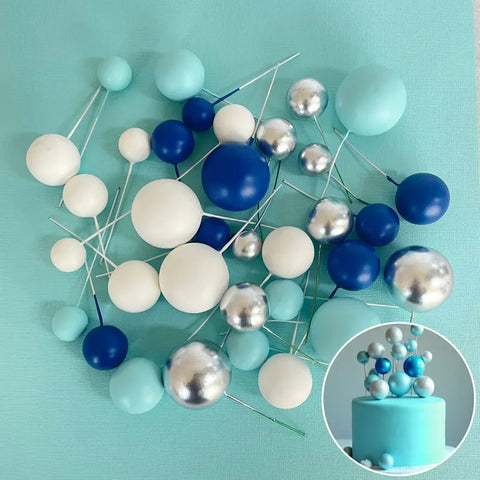 Coloured Ball Cake Toppers - Blue, white & silver (32 pack)