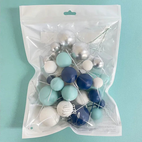 Coloured Ball Cake Toppers - Blue, white & silver (32 pack)