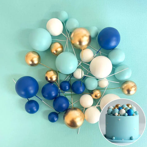 Coloured Ball Cake Toppers - Blue, white & gold (32 pack)