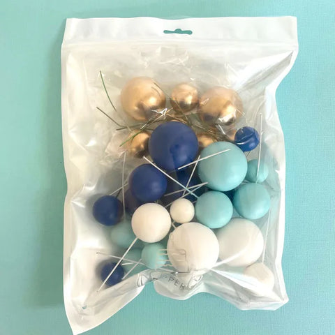 Coloured Ball Cake Toppers - Blue, white & gold (32 pack)