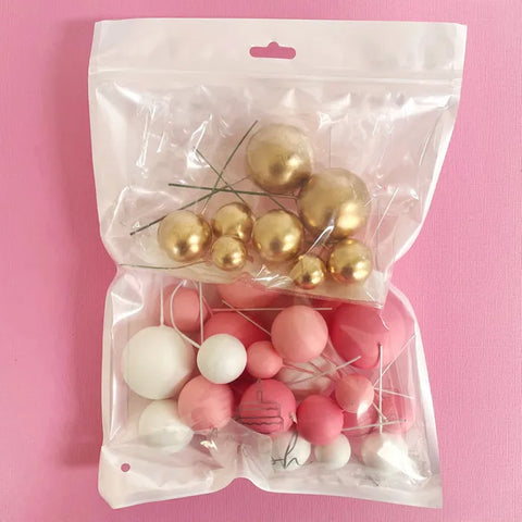 Coloured Ball Cake Toppers - Pink, white & gold (32 pack)