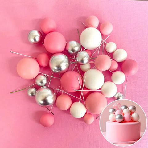Coloured Ball Cake Toppers - Pink, white & silver (32 pack)