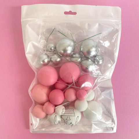 Coloured Ball Cake Toppers - Pink, white & silver (32 pack)