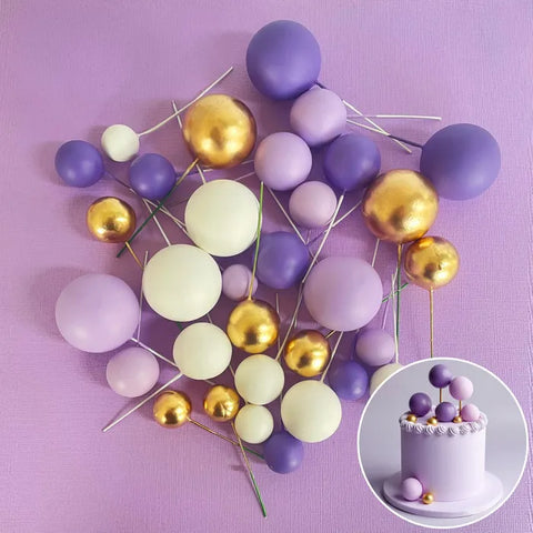 Coloured Ball Cake Toppers - Purple, white & gold (32 pack)