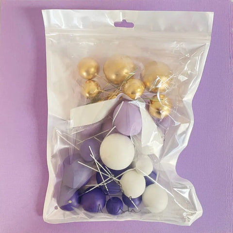 Coloured Ball Cake Toppers - Purple, white & gold (32 pack)