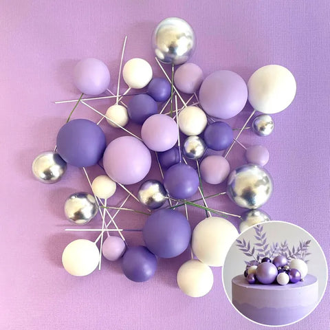 Coloured Ball Cake Toppers - Purple, white & silver (32 pack