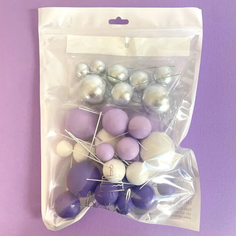 Coloured Ball Cake Toppers - Purple, white & silver (32 pack