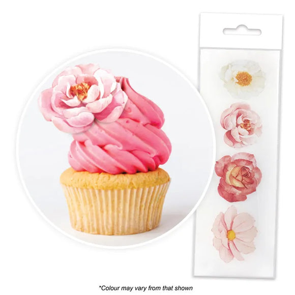ASSORTED FLOWERS Edible Wafer Paper Cupcake Toppers - 16 pack
