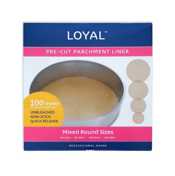 Loyal Pre-cut ROUND Cake Tin liner paper – mixed sizes – 100 sheets